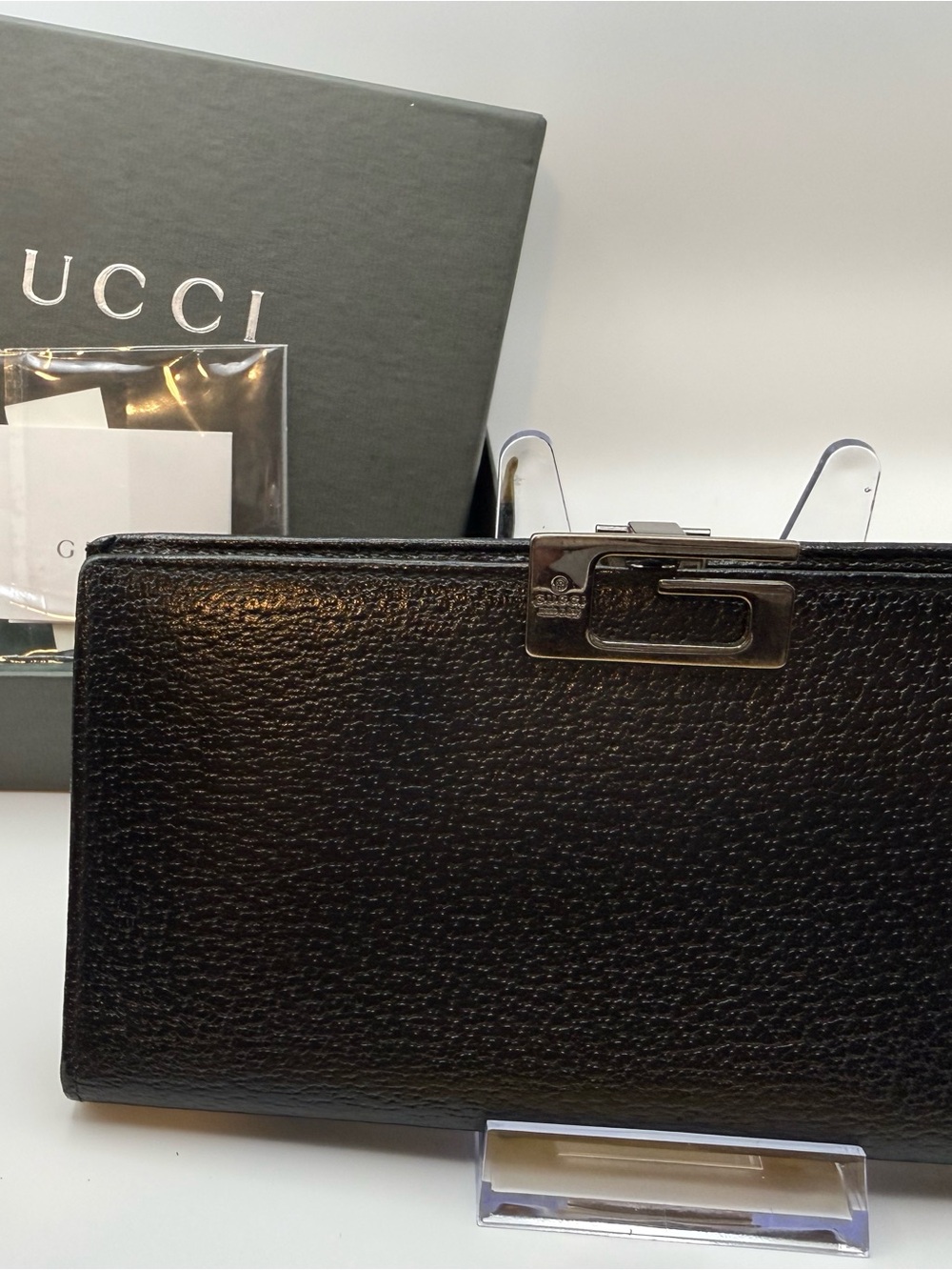 Gucci Black Pebbled Leather Clutch with Silver-Tone Closure
